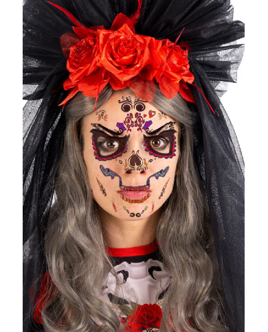 Fiche de tatouages pour visage tête de mort, dans un sachet sur papier cartonné