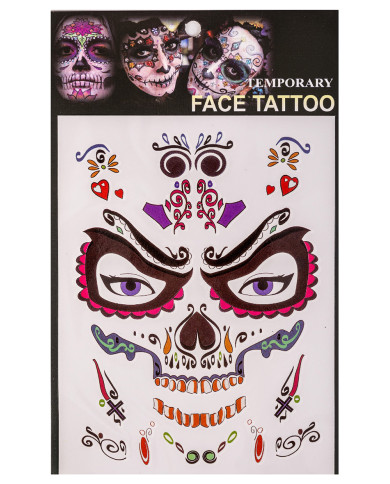 Fiche de tatouages pour visage tête de mort, dans un sachet sur papier cartonné