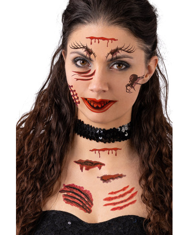Fiche de tatouages araignées et blessures, dans un sachet sur papier cartonné Fiche de tatouages araignées et blessures, dans un sachet sur papier cartonné