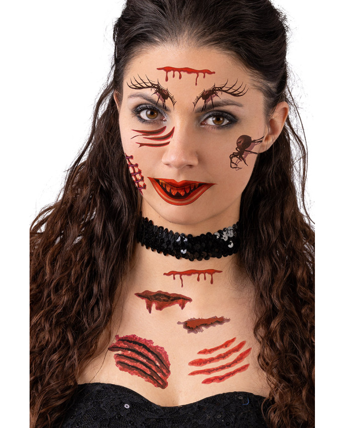 Fiche de tatouages araignées et blessures, dans un sachet sur papier cartonné Fiche de tatouages araignées et blessures, dans un sachet sur papier cartonné
