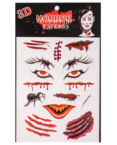 Fiche de tatouages araignées et blessures, dans un sachet sur papier cartonné Fiche de tatouages araignées et blessures, dans un sachet sur papier cartonné