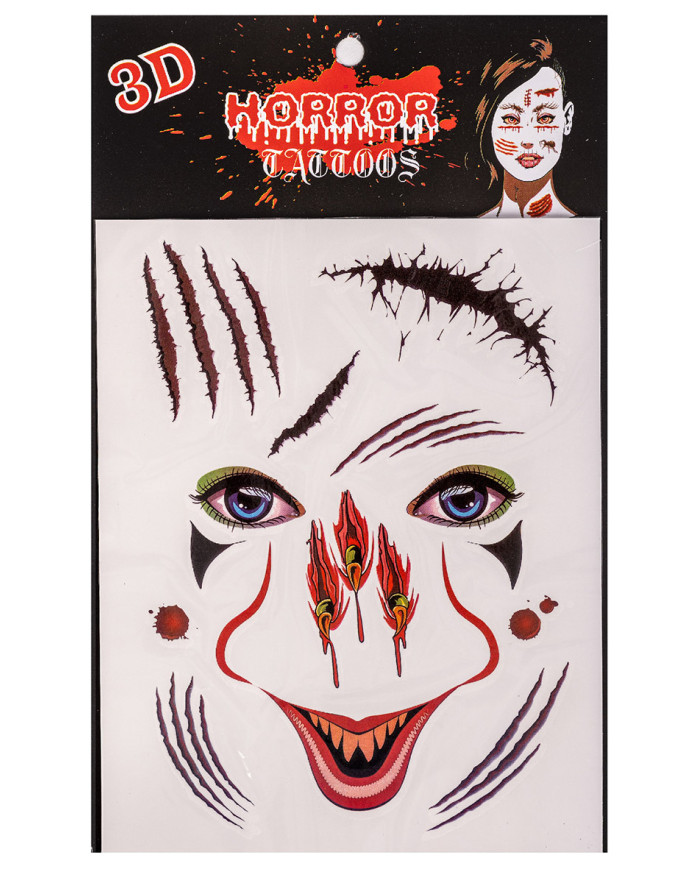 Trägerkarte Tattoos, Wunden und Clown, in Beutel auf Pappkarton