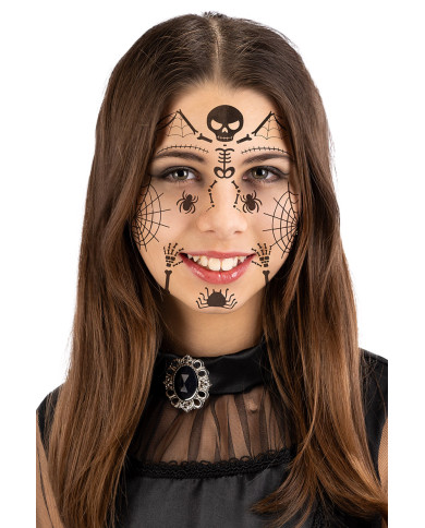 Fiche de tatouages pour visage petit squelette, dans un sachet sur papier cartonné