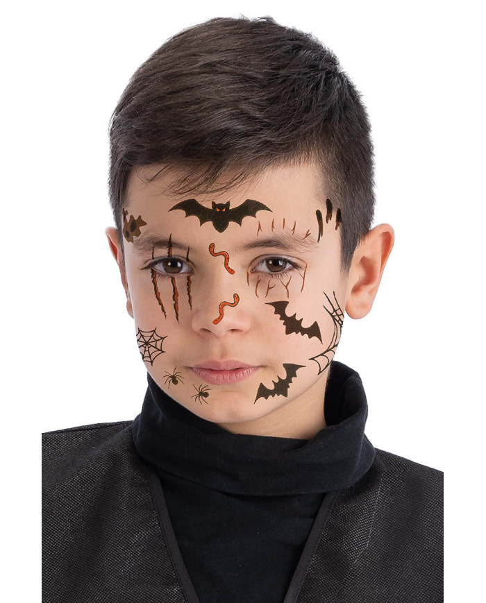 Fiche de tatouages pour visage chauves-souris, dans un sachet sur papier cartonné Fiche de tatouages pour visage chauves-souris, dans un sachet sur papier cartonné