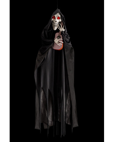 Squelette à suspendre h. 120 cm env. avec guitare, lumières, son et mouvement (piles comprises), avec étiquette vola...