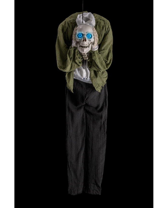 Hanging skeleton h.cm.145 with  head in hand, lights, sound and movement (batteries included) with label