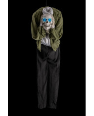 Hanging skeleton h.cm.145 with  head in hand, lights, sound and movement (batteries included) with label