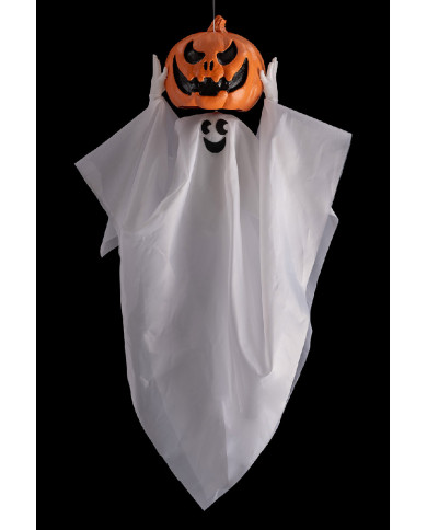 Fantasma con cabeza calabaza para colgar de 90 cm de alto aprox. con luces, sonido y movimiento (pilas incluidas) con et...