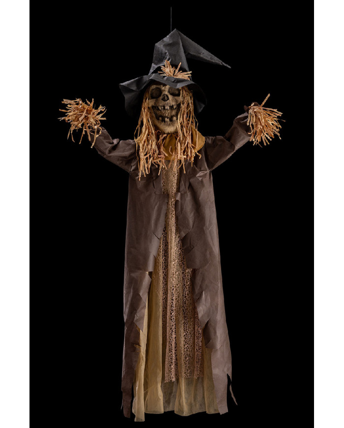 Hanging scarecrow skeleton with hat h.cm.210 with lights, sound and movement  (batteries included) with label