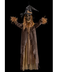 Hanging scarecrow skeleton with hat h.cm.210 with lights, sound and movement  (batteries included) with label