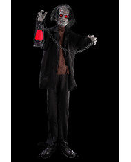 Zombie auf Sockel mit Laterne, ca. 170 cm hoch mit Licht, Ton und Bewegung (Batterien enthalten), mit Pappschild/Etikett