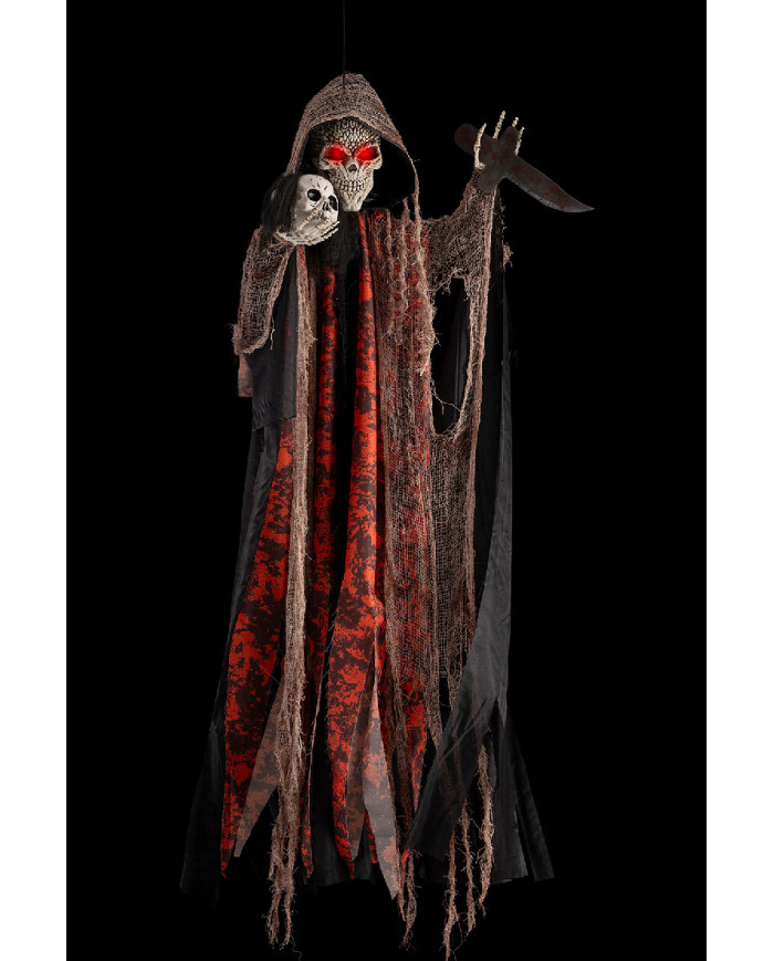 Skelett zum Aufhängen mit Totenkopf und Messer, ca. 120 cm hoch mit Licht, Ton und Bewegung (Batterien enthalten), mit ...