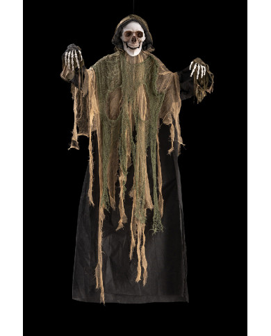 Skelett zum Aufhängen mit Kapuze, ca. 160 cm hoch mit Licht, Ton und Bewegung (Batterien enthalten), mit Pappschild/Etikett
