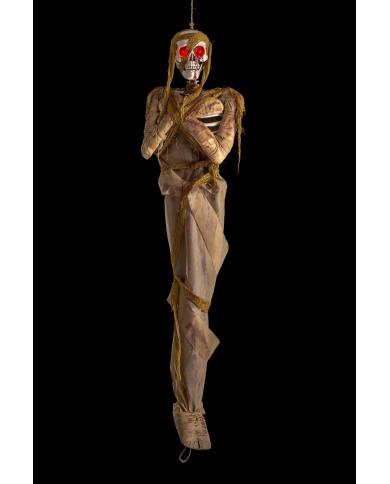 Mumienskelett zum Aufhängen, ca. 145 cm hoch mit Licht (Batterien enthalten) und Pappschild/Etikett