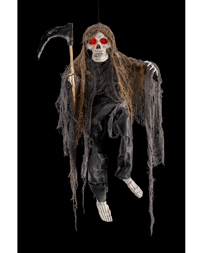 Hanging skeleton with sickle h.cm.80 with lights, sound and movement (batteries not included) with label Hanging skeleton with sickle h.cm.80 with lights, sound and movement (batteries not included) with label