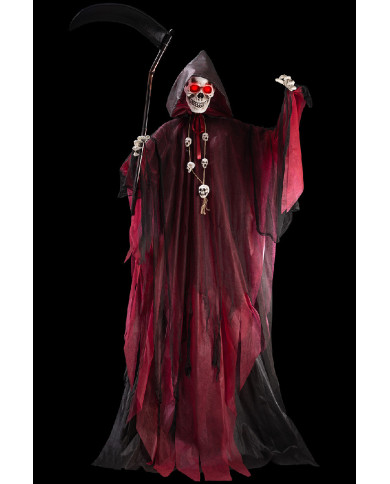 Squelette sur piédestal, h. 230 cm env. avec faux et collier, lumières et son (piles comprises), avec étiquette vola...