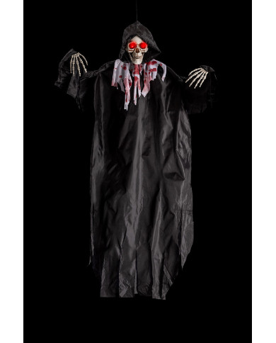 Esqueleto para colgar con traje negro ensangrentado de 150 cm de alto aprox. con luces y sonido (pilas incluidas) con et...