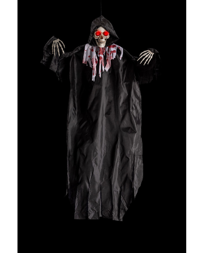 Hanging skeleton with bloody black dress h.cm.150 with lights and sound (batteries included) with label