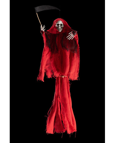 Squelette à suspendre avec faux et vêtement rouge, h. 60 cm env., avec étiquette volante / étiquette Squelette à suspendre avec faux et vêtement rouge, h. 60 cm env., avec étiquette volante / étiquette