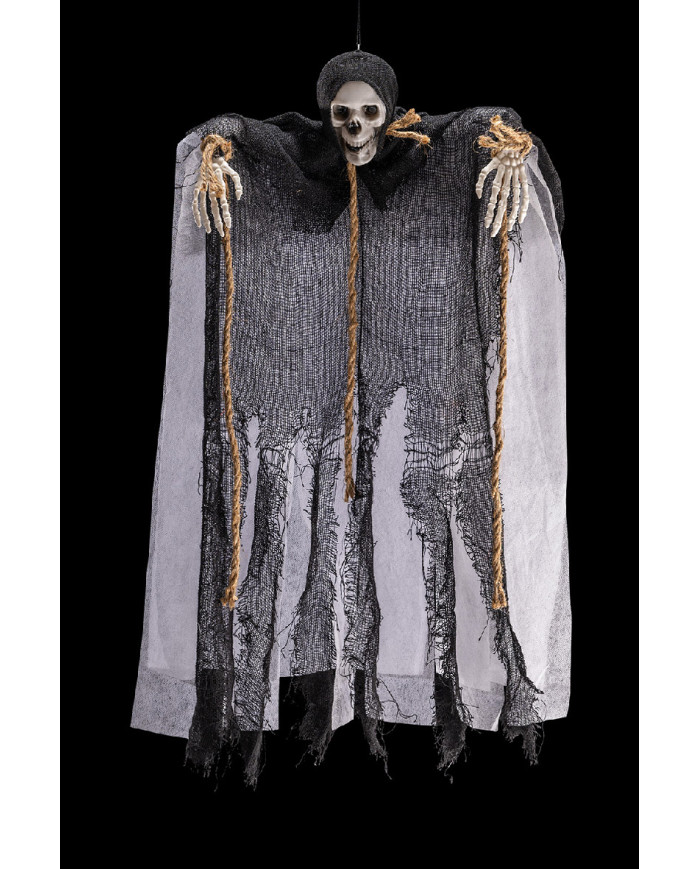 Skelett zum Aufhängen mit Seilen und schwarzem Anzug, ca. 70 cm hoch mit Pappschild/Etikett