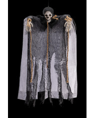 Skelett zum Aufhängen mit Seilen und schwarzem Anzug, ca. 70 cm hoch mit Pappschild/Etikett