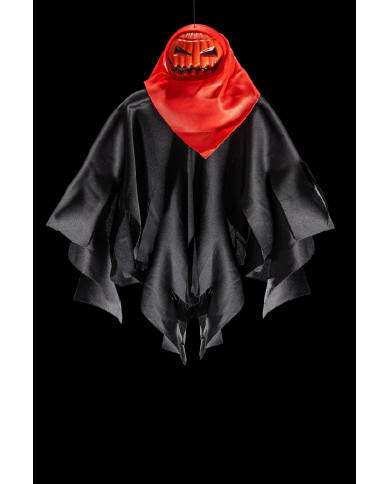 Monstre citrouille à suspendre avec vêtement noir et rouge, h. cm 40 env., avec étiquette volante / étiquette