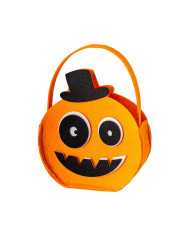 Petit sac citrouille avec chapeau noir en feutre, h. 15 cm env., avec étiquette volante / étiquette