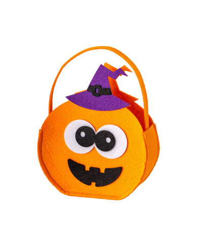 Bolsa calabaza con sombrero violeta de fieltro de 15 cm de alto aprox. con etiqueta colgante/etiqueta adhesiva