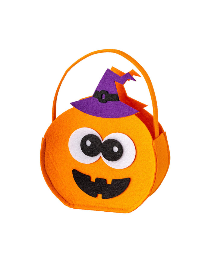 Petit sac citrouille avec chapeau violet en feutre, h. 15 cm env., avec étiquette volante / étiquette