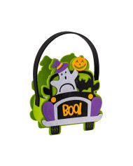 Petit sac en feutre avec automobile, h. 24 cm env., avec étiquette volante / étiquette