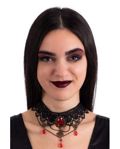 Colar with lace and red gems on card