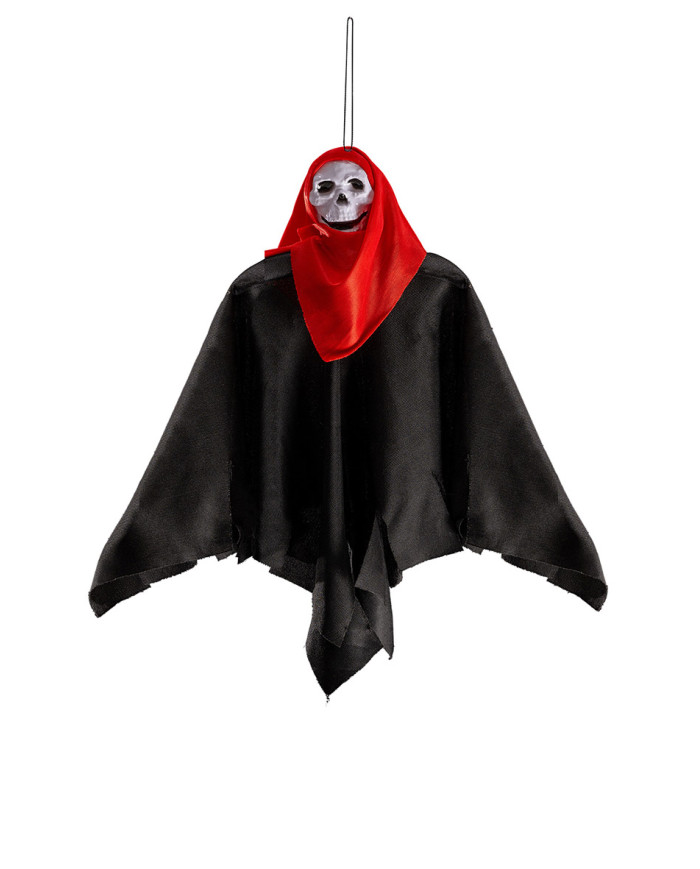 Skelett zum Aufhängen mit schwarz-rotem Anzug, ca. 40 cm hoch mit Pappschild/Etikett