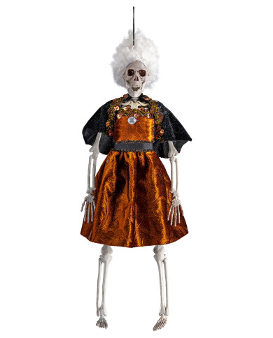 Esqueleto mujer para colgar con vestido marrón de 40 cm de alto aprox. con etiqueta colgante/etiqueta adhesiva