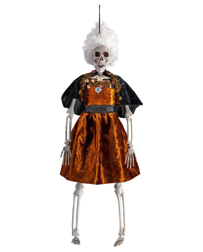 Weibl. Skelett zum Aufhängen mit braunem Kleid, ca. 40 cm hoch mit Pappschild/Etikett
