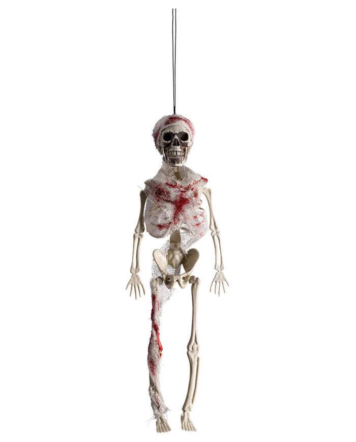 Skelett zum Aufhängen mit blutigen Verbänden, ca. 40 cm hoch mit Pappschild/Etikett