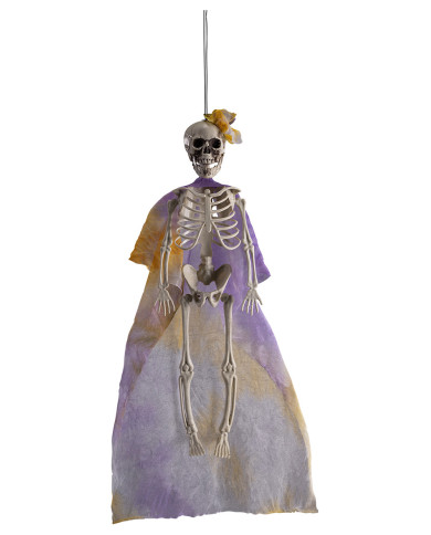 Scheletro lady d'appendere con abito viola e giallo h.cm.40 ca.con cartellino/etichetta