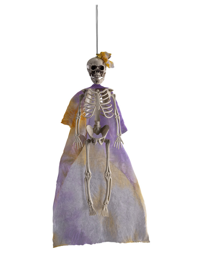 Scheletro lady d'appendere con abito viola e giallo h.cm.40 ca.con cartellino/etichetta