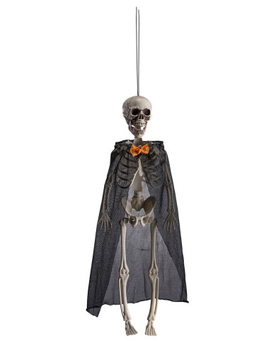 Squelette avec cape et papillon à suspendre, h. 40 cm env., avec étiquette volante / étiquette