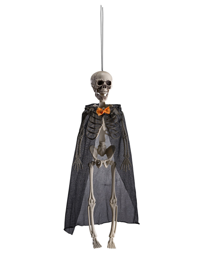 Squelette avec cape et papillon à suspendre, h. 40 cm env., avec étiquette volante / étiquette