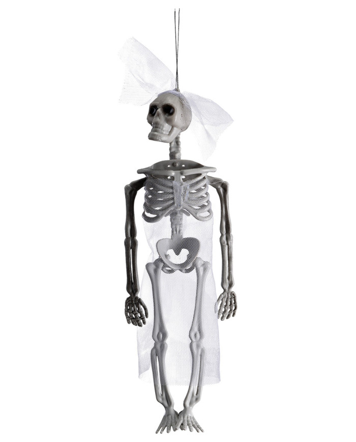 Lady-Skelett zum Aufhängen mit Kleid aus Tüll, ca. 30 cm hoch mit Pappschild/Etikett