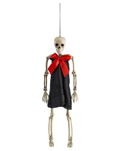 Squelette avec papillon rouge à suspendre, h. 38 cm env., avec étiquette volante / étiquette