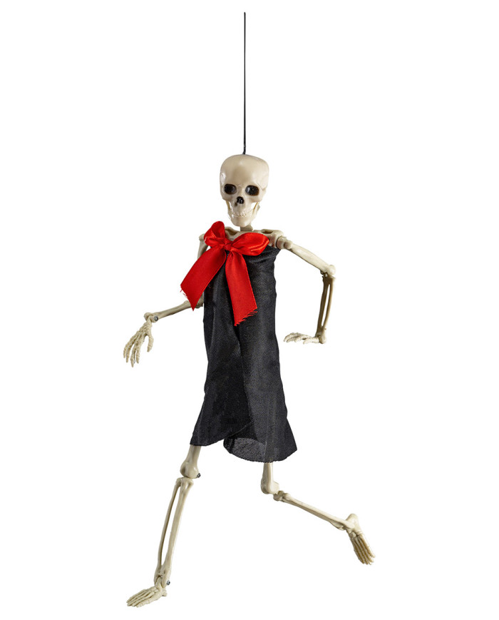 Skelett zum Aufhängen mit roter Fliege, ca. 38 cm hoch mit Pappschild/Etikett