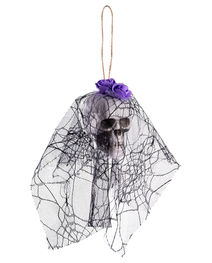 Calavera para colgar con velo de encaje colores surtidos de 20 cm de alto aprox. con etiqueta colgante/etiqueta adhesiva