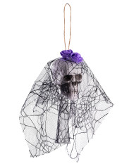 Totenkopf zum Aufhängen mit Spitzenschleier, versch. Farben, ca. 20 cm hoch mit Pappschild/Etikett