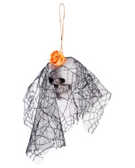 Calavera para colgar con velo de encaje colores surtidos de 20 cm de alto aprox. con etiqueta colgante/etiqueta adhesiva