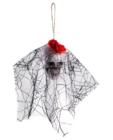 Tête de mort avec voile en dentelle à suspendre, couleurs assorties, h. 20 cm env., avec étiquette volante / étiquette