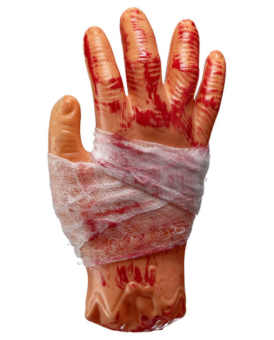 Blutige Hand aus starrem Kunststoff, ca. 20 cm hoch mit Pappschild/Etikett