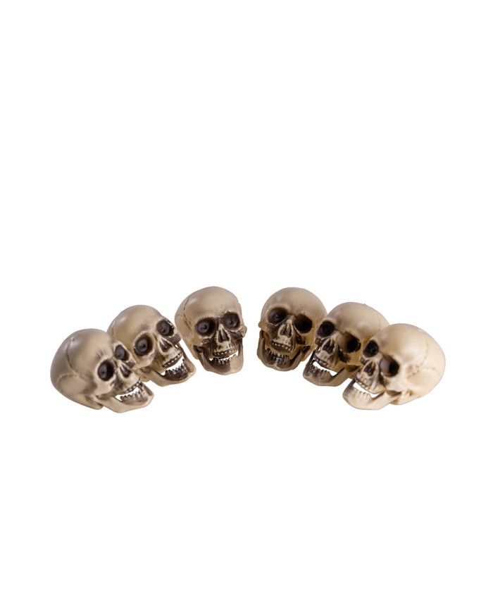 6 Totenköpfe, 5 cm hoch in Netzbeutel mit Pappschild/Etikett