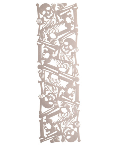 Centre de table blanc en feutre avec squelettes 110x30 cm env., avec étiquette volante / étiquette