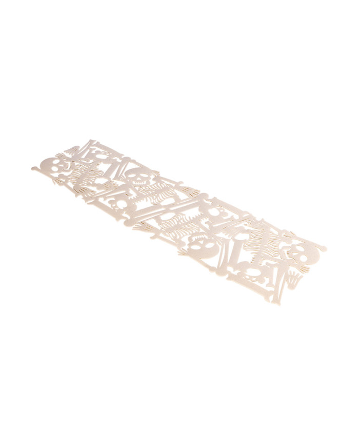 Centrotavola bianco in feltro con scheletri cm.110x30 ca. con cartellino/etichetta